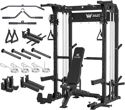 MAJOR FITNESS F22 Power Rack, 1600lbs All-in-One Squat Rack with Dual Pulley System, Heavy-Duty Steel Frame, Attachments & Storage for Home Gym Strength Training