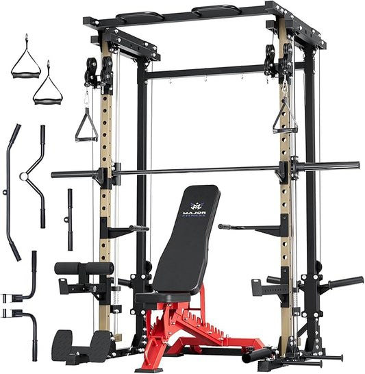 MAJOR FITNESS Drone3 Smith Machine, 2500lbs All-in-One Home Gym Power Rack with Dual Pulley System for Cable Crossover, Pull-Up Bars