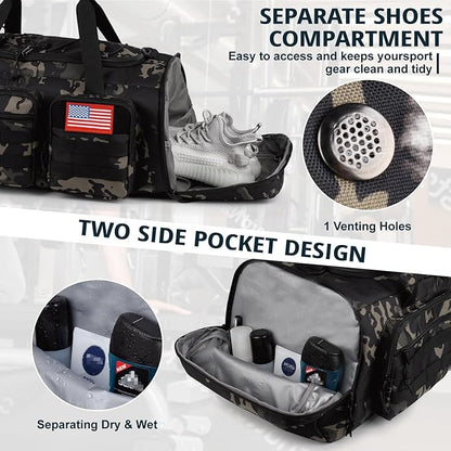 Tactical Gym Bag for Men，70L Large 3 in 1 Sports Duffle Bag with Shoes Compartment for Travel,Water Resistant Travel Backpack Weekender Overnight Bag with Wet Pocket for Women