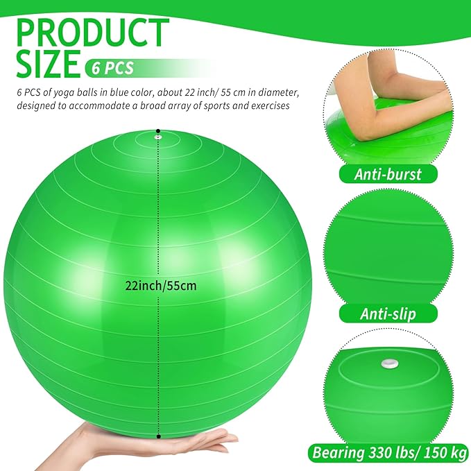 Hungdao 6 Pack Exercise Ball Bulk Inflatable Pregnancy & Workout Ball 22 Inch Heavy Duty Pilates Ball for Yoga Stretching Therapy Balance Physical Fitness