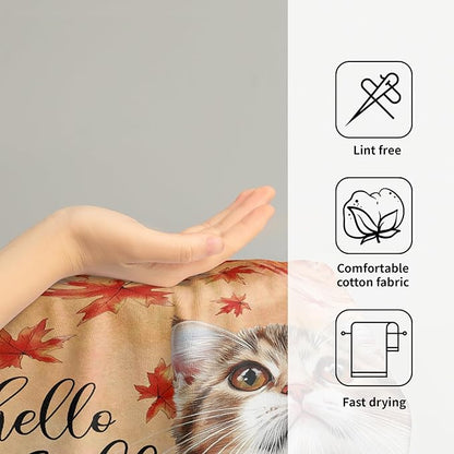 Hello Fall Hand Towel Autumn Cat Maple Leaves Kitchen Towels Set of 2 Soft Absorbent Face Towels Cute Animal Orange Leaves Small Bath Towel for Home Bathroom Hotel Spa Gym 14.4"x 28.3"