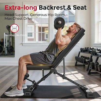 FLYBIRD Adjustable Weight Bench, ASTM-Certified 800LBS Workout Bench Foldable for Home Gym, 90° to -30° FID and 30in Extended Backrest for Bench Press Strength Training Exercise