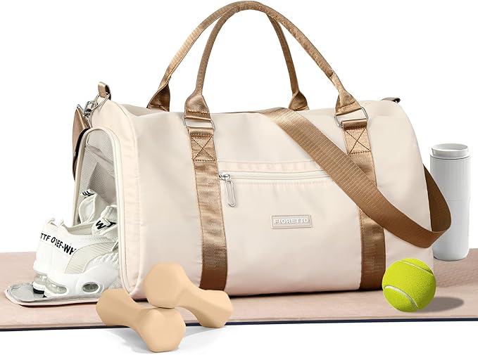 FIORETTO Womens Gym Tote Duffle Bag with Wet Pocket & Shoe Compartment, Sports Duffel Overnight Weekender Hospital Workout Carry on Bag for Girls, Ideal for Travel, Swimming, Dance, Ballet Beige