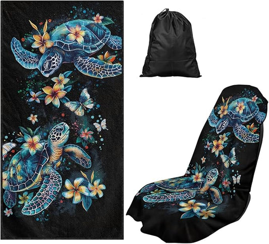Bulopur Sea Turtle Car Seat Cover Towels Front Seats Boho Floral Sweating Car Seat Cover Highly Absorbent for Surfing Yoga Gym Workout Towel Blanket