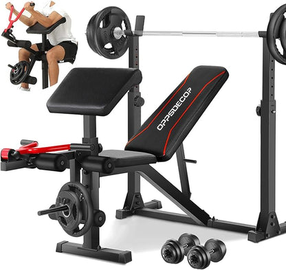 OPPSDECOR Weight Bench Set with Leg Extension and Curl, 900LBS Profesional Bench Press Set and Barbell Rack with Safety Spotter Catches, Preacher Curl Workout Benches for Home Gym