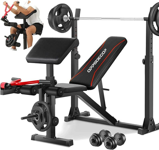 OPPSDECOR Weight Bench Set with Leg Extension and Curl, 900LBS Profesional Bench Press Set and Barbell Rack with Safety Spotter Catches, Preacher Curl Workout Benches for Home Gym