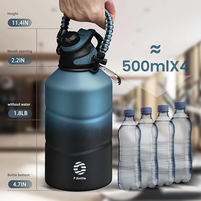 Fjbottle Insulated Half Gallon Water Bottle 64oz with Magnetic Lid,Stainless Steel Double-Wall Vacuum Leak Proof Sports Insulated Jug Keep Water Hot & Cold for Outdoor,Gym Blueblack