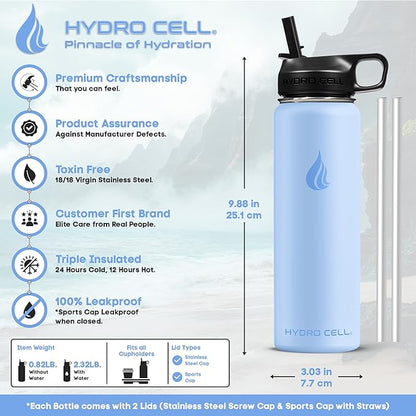 HYDRO CELL Stainless Steel Insulated Water Bottle with Straw - For Cold & Hot Drinks - Metal Vacuum Flask with Screw Cap and Modern Leakproof Sport Thermos for Adults (Glacier 24oz)