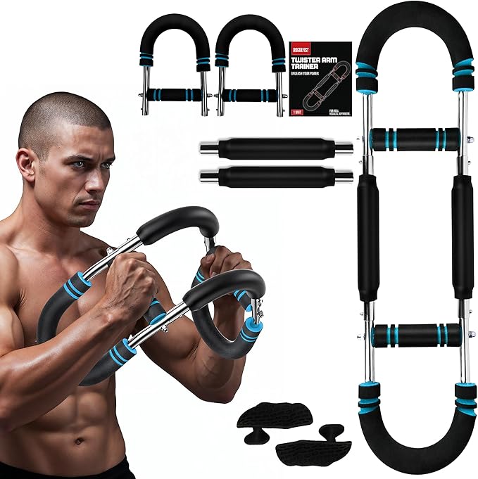Twister Arm Trainer, Adjustable 3 Resistance Levels (60–100 lbs) Stainless Steel Arms Strengthener for Shoulders, Biceps Chest Workout Equipment with Added Silicone Gym Grip Pads