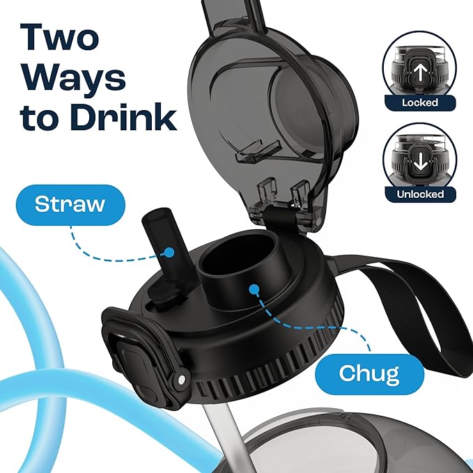 AQUAFIT Half Gallon Water Bottle with Time Marker - Straw & Chug Lid - BPA Free Gym Water Bottle with Straw - Big Gallon Jug (Frosty, 64 oz - 2in1 Lid)
