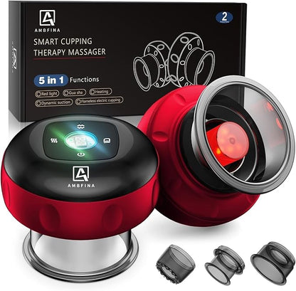 5-in-1 Cupping Kit for Massage Therapy, 12 Levels Smart Dynamic Cupping Set with Red Ligh-t Therapy&Heat Penetrates for Targeted Pain Relief, Knots, Aches, Muscle Soreness - 2Pcs(Red&Red)