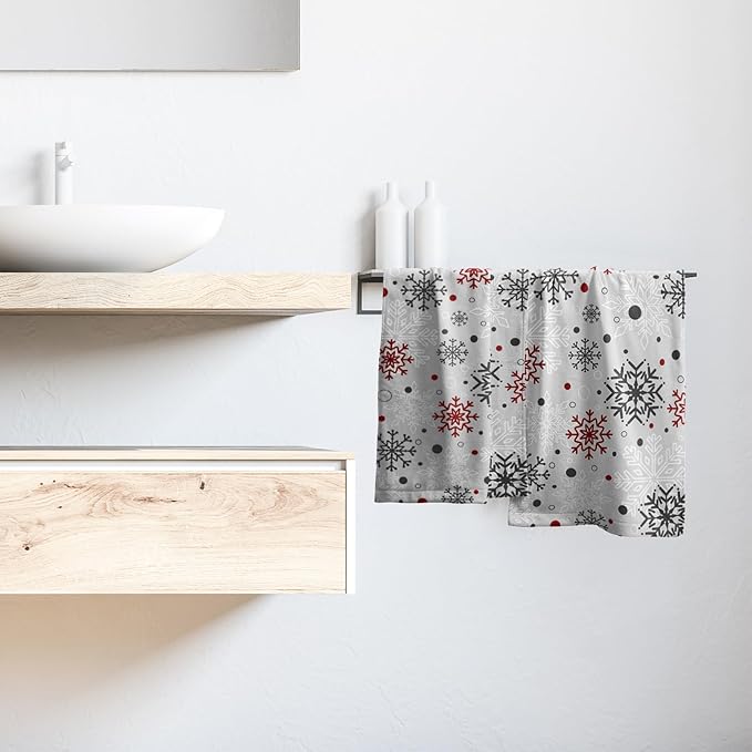 Winter Snowflake Bathroom Hand Towels Decorative Set 28.3x14 Inch Set of 2 Red Grey Snowflakes Decorative Bath Towels Christmas Holiday Super Soft Kitchen Towels for Bathroom Home Hotel Gym