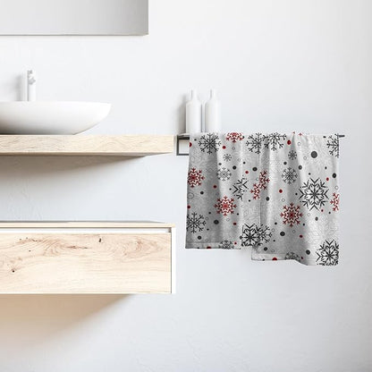 Winter Snowflake Bathroom Hand Towels Decorative Set 28.3x14 Inch Set of 2 Red Grey Snowflakes Decorative Bath Towels Christmas Holiday Super Soft Kitchen Towels for Bathroom Home Hotel Gym