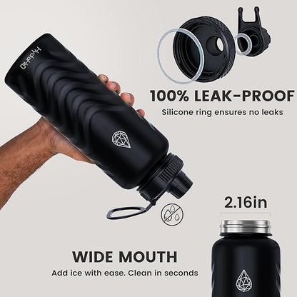 32oz Stainless Steel Insulated Water Bottle, 48H Cold & 24H Hot, Leak-Proof Wide Mouth Lids (Straw & Spout), BPA-Free Bottles, Mens Water Bottle for Gym, Hiking, Travel - Black