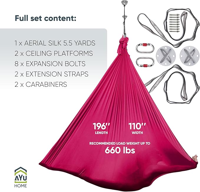 AyuHome Aerial Silks Kit for Home - Premium Yoga Swing for Kids and Adults with 660 lbs Capacity - Versatile Aerial Yoga Hammock for Gymnastics Training
