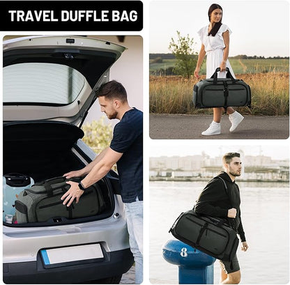 MIER Foldable Duffle Bag with Shoe Compartment 50L Travel Duffel Bags for Men Women Packable Overnight Bag for Camping Gym Weekender, Green Gray