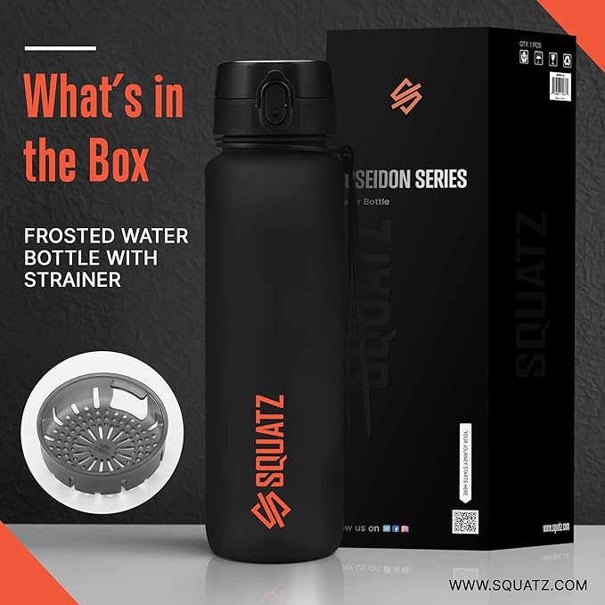 SQUATZ 34 Oz Poseidon Series Frosted Water Bottle - Premium Quality Wide Mouth Gym Flask with Fruit Infuser Strainer, Fixed Carrying Strap, Leak Resistance, and Zero Condensation, Black