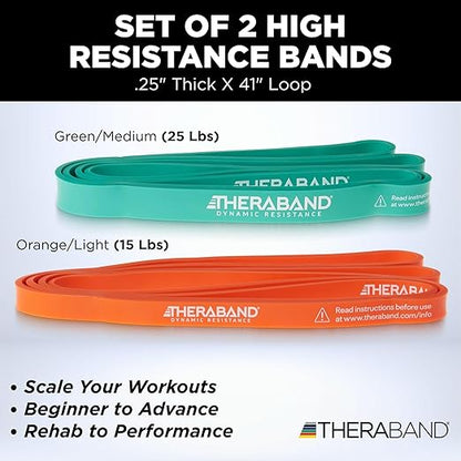 THERABAND High Resistance Bands, Set of 2 Elastic Super Bands for Improving Flexibility, Injury Rehab, & Full Body Workouts, Heavy Duty Stretch Bands for Lifting, 1 Light & 1 Medium Band