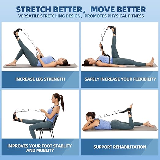 Foot and Calf Stretcher-Stretching Strap For Plantar Fasciitis, Heel Spurs, Foot Drop, Achilles Tendonitis & Hamstring. Yoga Foot & Leg Stretch Strap. (Black)