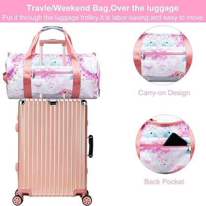 Gym Travel Duffle Bag for Girls - Gymnastics Sports Dance Bag with Shoe Compartment & Wet Pocket Unicorn Kids Travel Bag Teens Weekender Sleepover Carry On Bag