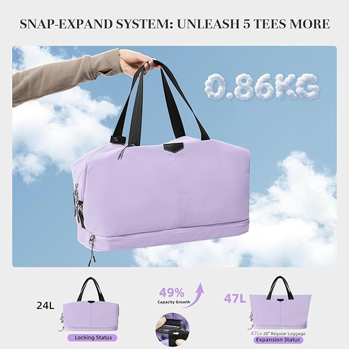 Timeet Expandable Gym Duffel Bag For Women with Yoga Mat Strap, 47L Sports Duffle Bag With Shoes Compartment&Dry Wet Pocket, Water Resistant Carry on Sports Weekend Travel Overnight Bag, Dreamy Purple