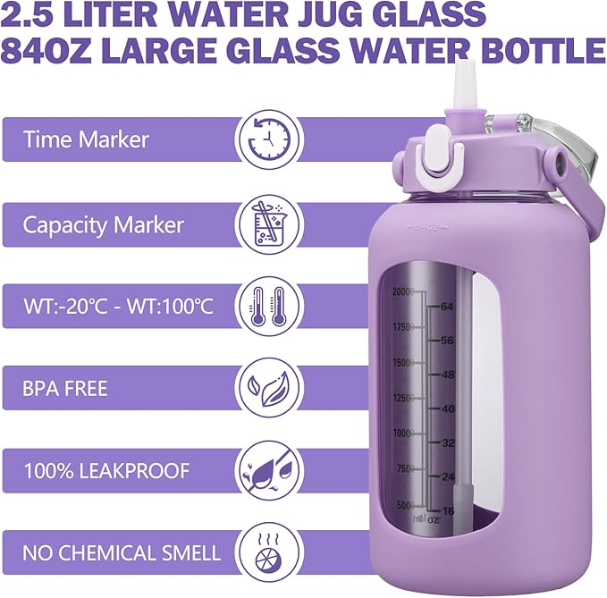 kytffu 84oz Glass Water Bottle with Straw, 2.5 Liter Large Water Bottle with Silicone Sleeve and OZ Marker, Wide Mouth Gallon Glass Bottle with 2-in-1 Lid, Leakproof Water Jug for Gym Home, Purple