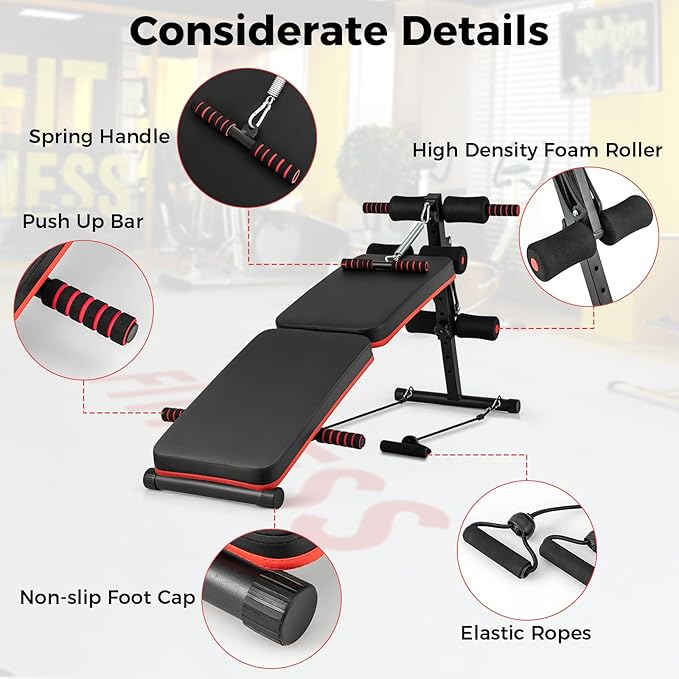 KOTEK Sit Up Bench, Foldable & Adjustable Ab Workout Equipment with 2 Elastic Ropes & Handle, 300 Lbs Weight Capacity, Decline Bench for Abs, Crunch, Strength Training Exercise for Home Gym