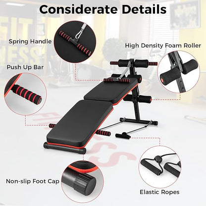 KOTEK Sit Up Bench, Foldable & Adjustable Ab Workout Equipment with 2 Elastic Ropes & Handle, 300 Lbs Weight Capacity, Decline Bench for Abs, Crunch, Strength Training Exercise for Home Gym