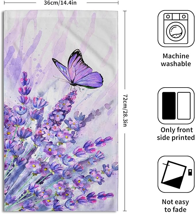 Watercolor Lavender Butterfly Kitchen Towels Set of 2 Purple Flower Butterflies Decorative Dish Towels Spring Floral Drying Baking Cooking Cloth Seasonal Super Soft Towels for Home Kitchen Face Towel