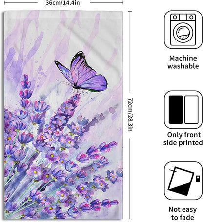 Watercolor Lavender Butterfly Kitchen Towels Set of 2 Purple Flower Butterflies Decorative Dish Towels Spring Floral Drying Baking Cooking Cloth Seasonal Super Soft Towels for Home Kitchen Face Towel