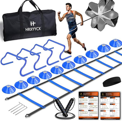Agility Ladder Speed Training Equipment Set-20ft Agility Ladder 4 Adjustable Hurdles Running Parachute Jump Rope Speed Training Equipment for Soccer Football Basketball