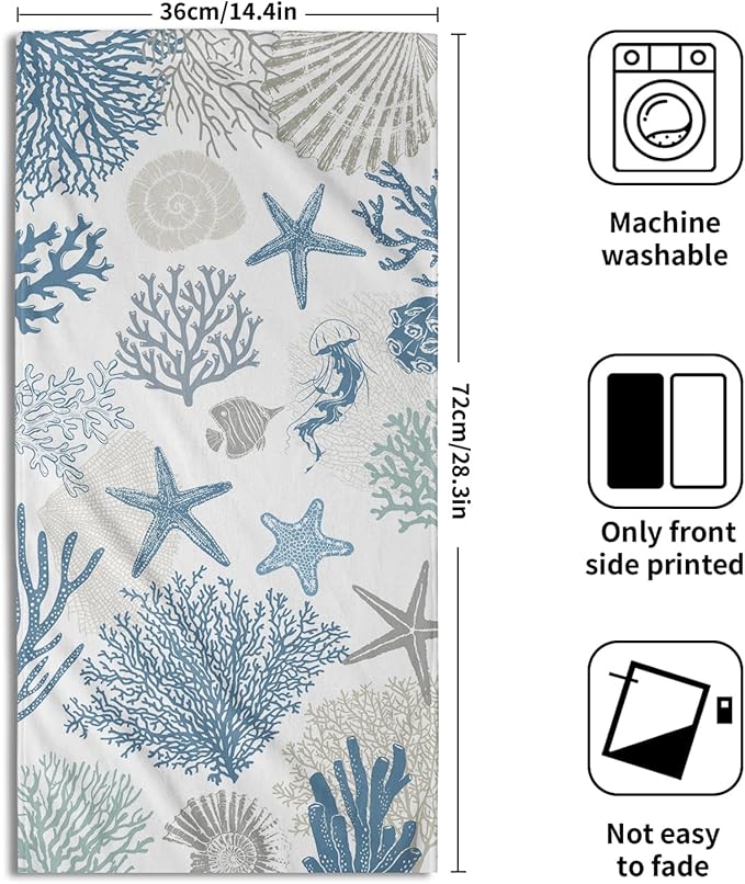 Nautical Blue Bathroom Hand Towels 2 Pack 14"x28" Sea Coral Starfish Kitchen Tea Dish Towels Coastal Ocean Theme Summer Soft Absorbent Face Towels for Bath Fingertip Gym Spa