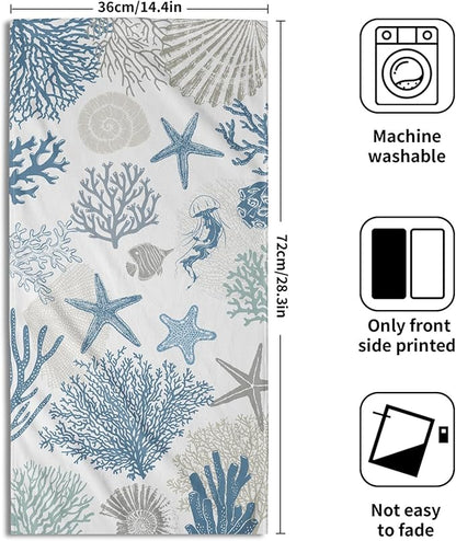 Nautical Blue Bathroom Hand Towels 2 Pack 14"x28" Sea Coral Starfish Kitchen Tea Dish Towels Coastal Ocean Theme Summer Soft Absorbent Face Towels for Bath Fingertip Gym Spa