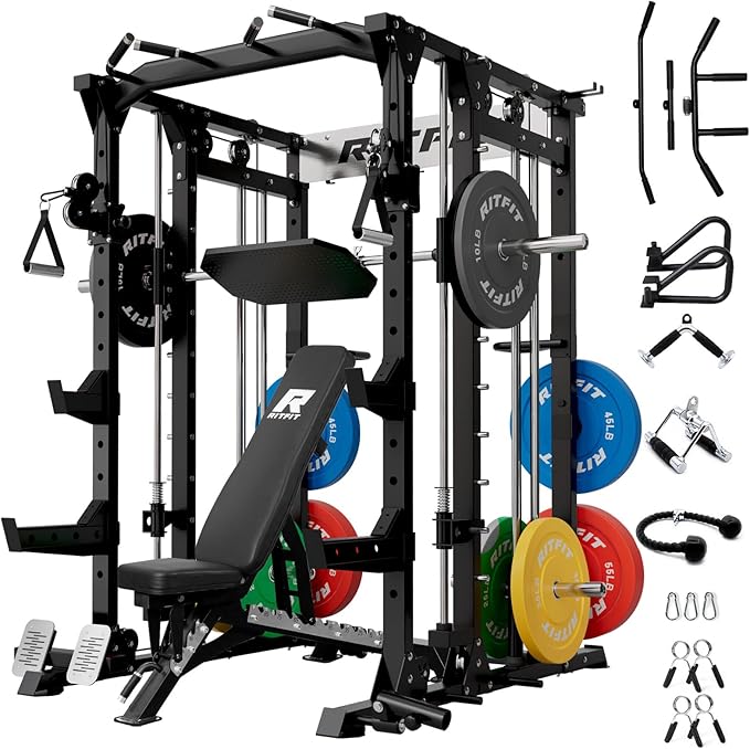 RitFit Buffalo Smith Machine, Power cage with LAT-Pull Down System & Cable Crossover System, All-in-One Squat Rack for Home Gym, Power Rack