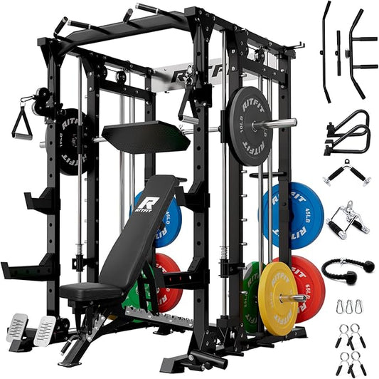 RitFit Buffalo Smith Machine, Power cage with LAT-Pull Down System & Cable Crossover System, All-in-One Squat Rack for Home Gym, Power Rack