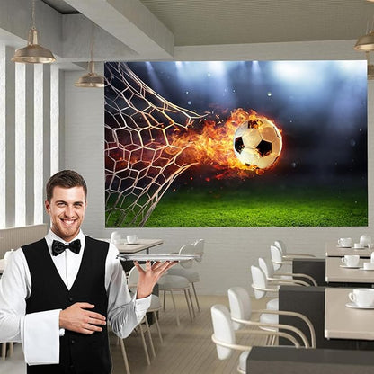Fiery Soccer Ball in Goal Background for Photography Sports Game Party Birthday Party Backdrop Fire Football Green Glass Net Backdrop Decor for Children Adults Sports Club Photo Props 20x10ft