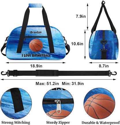 Custom Named Sports Basketball Bag for Boys, Gym Bag Sports Travel Duffle Bag Tote Dance Training Carry On Weekend Sports Bag, Watercolor Blue Geometric with Basketball