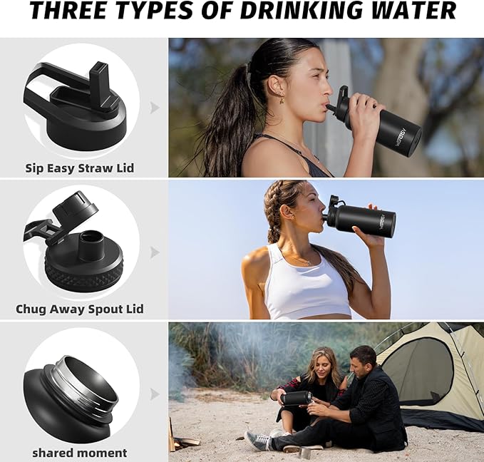 32oz Insulated Water Bottle (Cold for 48 Hrs),BPA Free&Leak Proof,Stainless Steel Water Flask,Water Jug with Straw Spout Lids for Gym,Hiking,Travel,Black