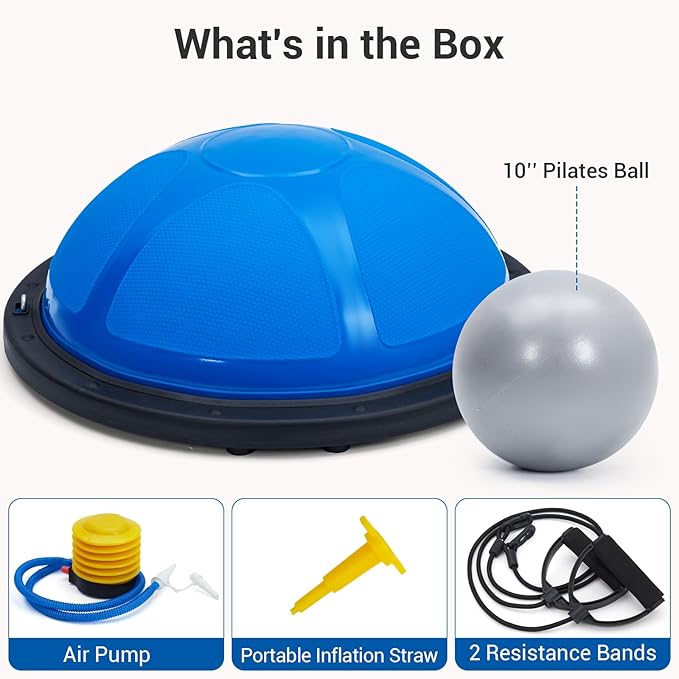 23 inch Balance Ball Half Yoga Ball, 1600 Lbs Half Exercise Ball with Nonslip Base, Inflatable Half Ball Balance Trainer with 2 Bands, Pump, Extra Ball Included