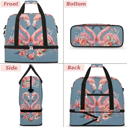 cfpolar Woman Travel Duffel Bag Heart Flamingo Flower Foldable Tote Carry On Luggage Sports Gym Bag With Shoe Compartment Overnight Weekend Yoga Workout Bag Training Handbag