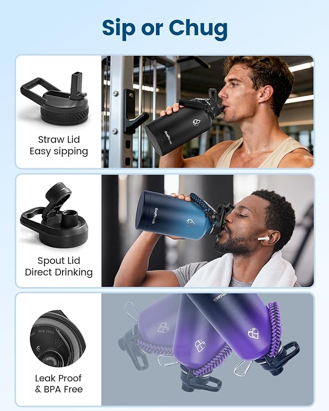 Insulated Water Bottle 64 oz, Vacuum Stainless Steel Water Bottle Keep Cold 48Hrs, Half Gallon Large Water Jug for Travel, Sport, Gym, Hiking with Carrier Bag, Black