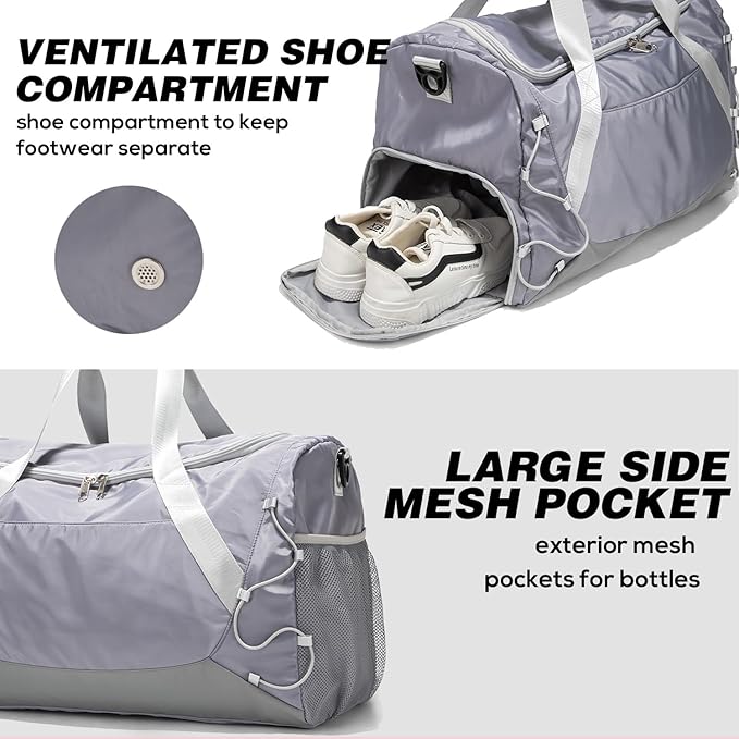 Gym Bag for Women Men Duffle Bag for Travel with Shoes Compartment and Wet Pocket Small Carry on Weekender Bags for Sports Overnight Fitness Yoga Dance Workout Swimming Hospital Tote (Grey)