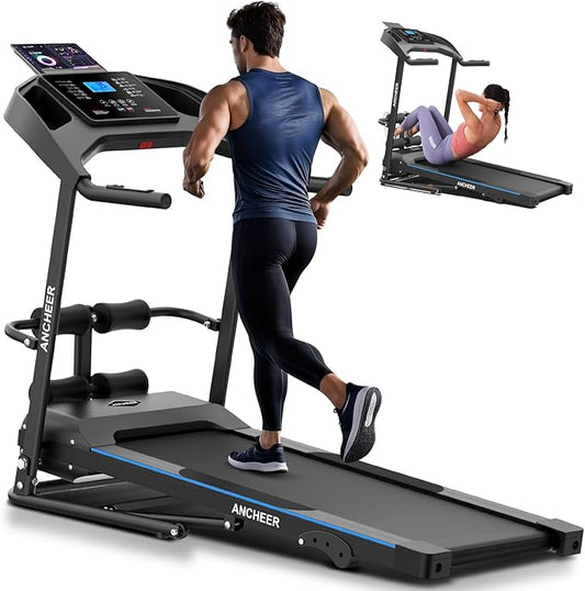 ANCHEER Foldable Treadmill with Sit Up Bench, 2025 Upgrade 3.5HP Portable Treadmills for Home with Incline 350 lbs Capacity, Smart LCD Display Body Fat& Heart Rate, Multifunction Exercise Equipment