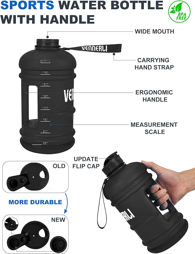 VENNERLI Half Gallon Water Bottle 2.2L Large Sports Water Bottle with Handle 74oz BPA-free Reusable Plastic Water Jugs Leakproof Hydro Bottle for Gym Yoga Travel Camping Cycling Outdoor Sports