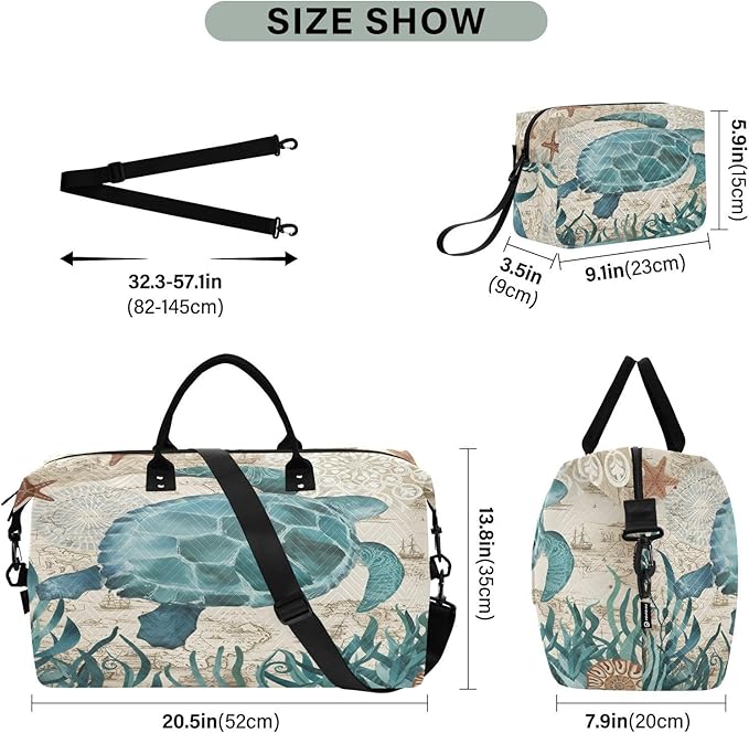Weekender Bags Travel Duffel Gym Bag Carry on Overnight Tote Bag with Toiletry Bag for Airplane Travel Trip Gym Yoga (Sea Lives Turtle Coral)