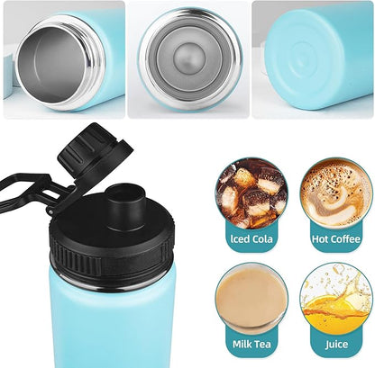 Insulated Water Bottle 18oz Stainless Steel Water Bottles with Straw&2 Lids, Kids Metal Water Bottle Cup for School, Vacuum Insulated Bottles Leak-Proof Travel Cup, Blue