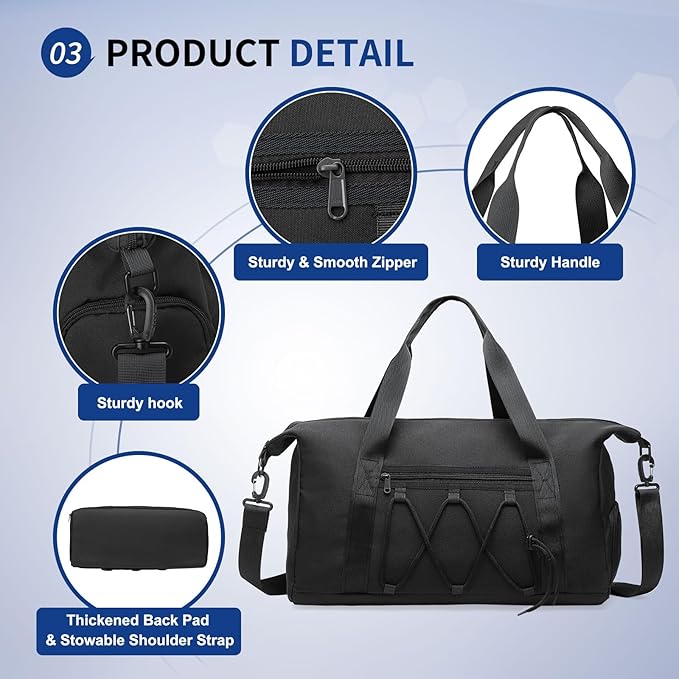 Lightweight Gym Bag for Men & Women, Water Resistant Sports Duffel Bag with Shoe Compartment & Wet Pocket for Travel Weekender & Fitness, Black