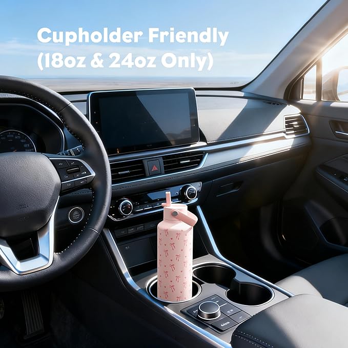 POWCAN 24 oz Insulated Water Bottle: Leakproof, Cup Holder Friendly, Cold for 24H, BPA-free, Top Handle, Double Walled Metal Water Bottle for Student, Girl, School, Camping, Daily (Sweetheart Bow)
