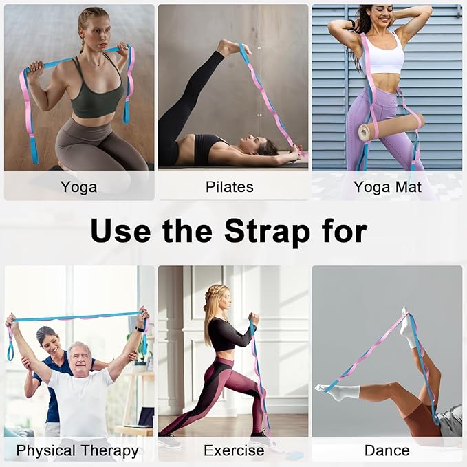 Yoga Strap for Stretching with 10 Loops Inelastic Soft Polyester Cotton Stretch Out Band for Exercise, Yoga, Pilates and Dance for Men and Women