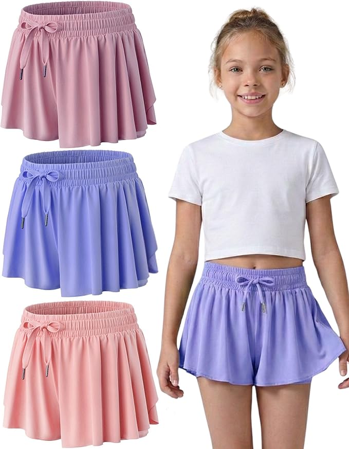 3 Pack Girls Flowy Shorts with Spandex Liner 2-in-1 Youth Butterfly Skirts for Fitness, Running, Sports